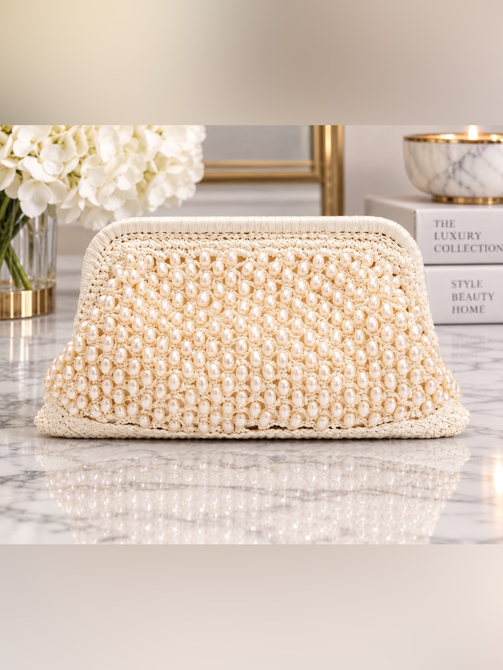 BTB Los Angeles -Perola Pearly Beaded Raffia Clutch Bag